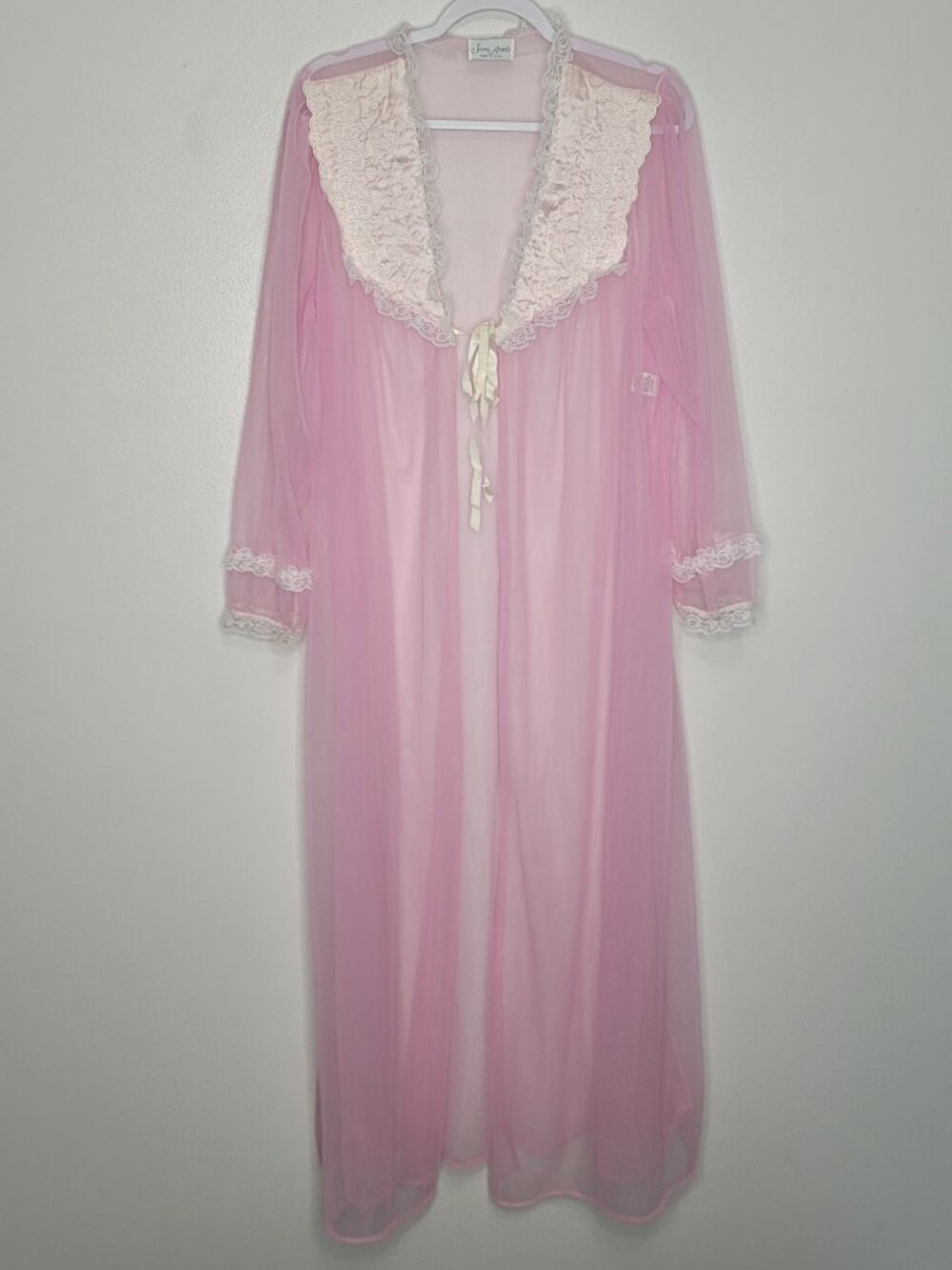 Vintage 60s 70s Secret Accents pink white semi sheer tie front romantic robe M